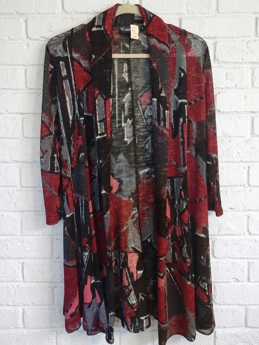 Creation Open Front Geometric Art Deco Print Duster Sleeved Jacket